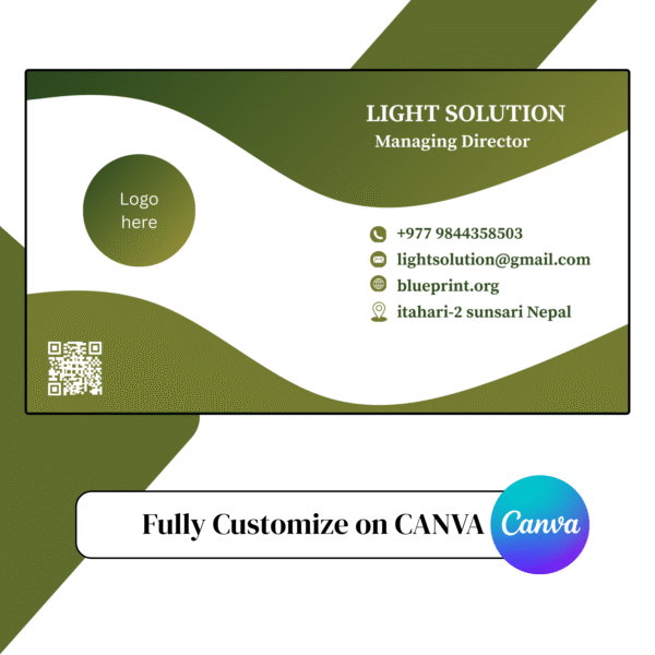 Stylish company business card template with QR code and icons.