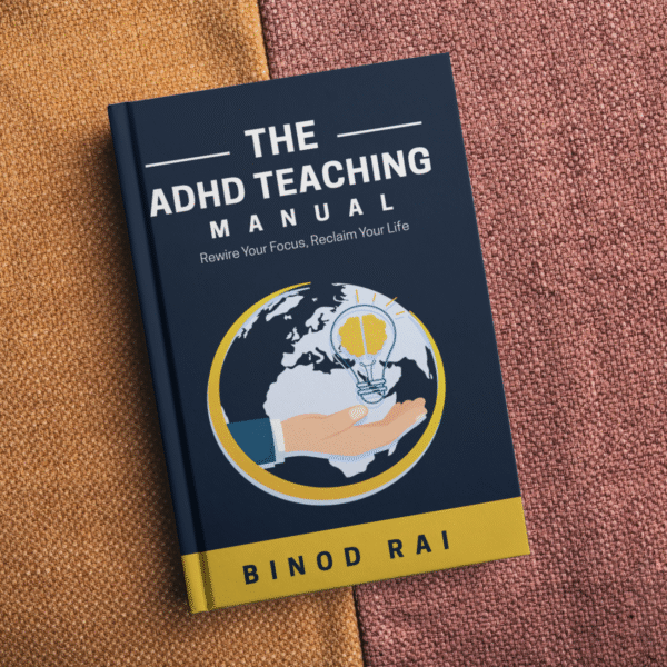 “ADHD Teaching Manual eBook cover with illustrations of students, teaching strategies, and classroom tools.”