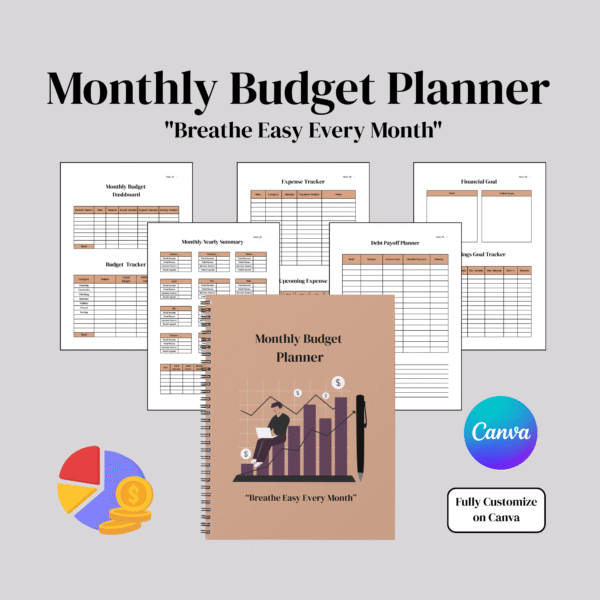 Editable and printable monthly budget planner Canva template for personal finance and expense tracking
