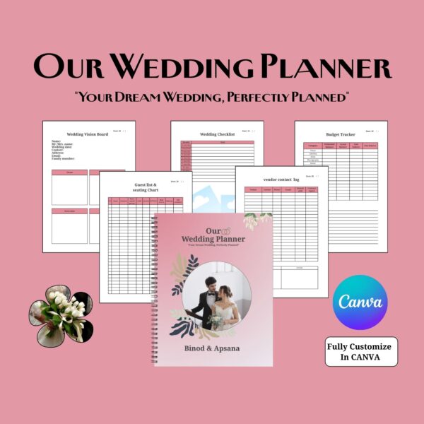 Editable and printable Canva wedding planner template for organizing wedding plans and checklists