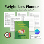 Editable and printable Canva weight loss planner template for tracking meals, workouts, and progress