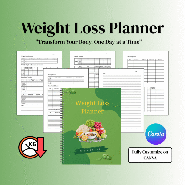 Editable and printable Canva weight loss planner template for tracking meals, workouts, and progress