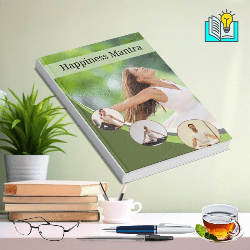 open book with the words “Happiness Mantra” and glowing light around it