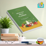 healthy meal plan eBook cover showing fresh fruits, veggies, and meal prep containers