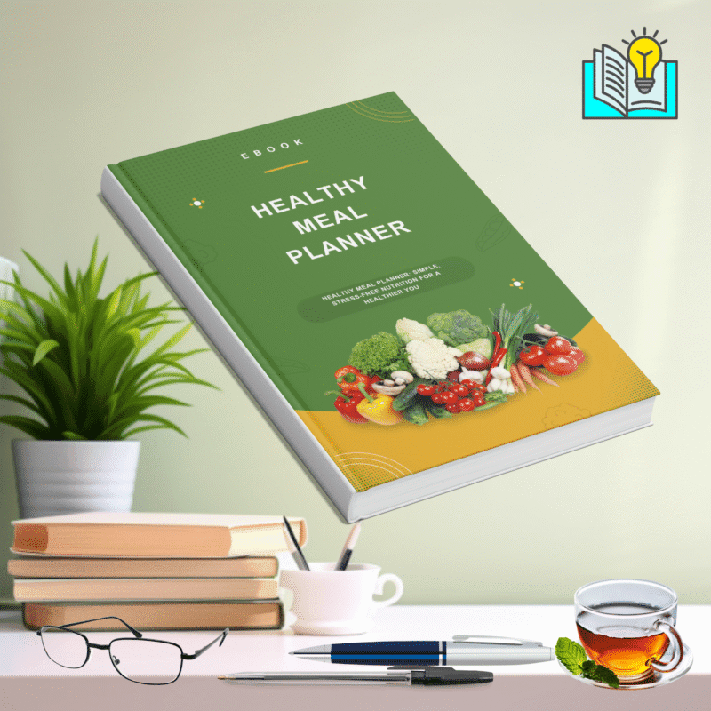 healthy meal plan eBook cover showing fresh fruits, veggies, and meal prep containers