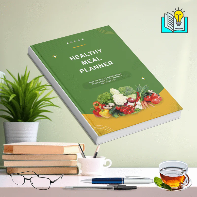 healthy meal plan eBook cover showing fresh fruits, veggies, and meal prep containers