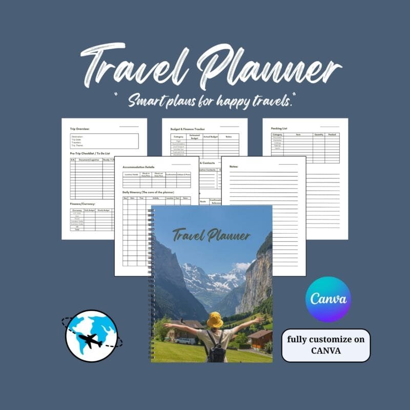 Editable Travel Planner Template for Canva | Printable Trip Organizer
