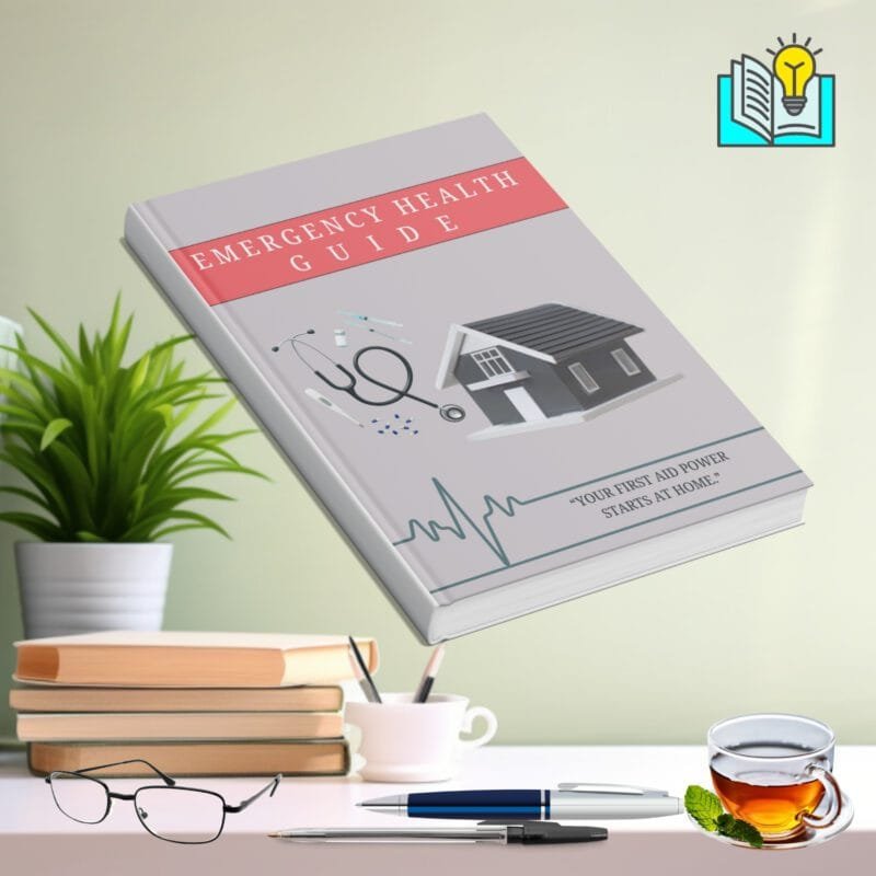 “Emergency Health Guide ebook cover showing first aid icons and home safety tips.”