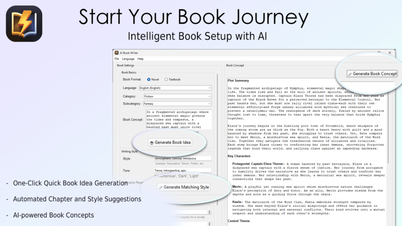 AI book writer software on laptop screen with writing tools