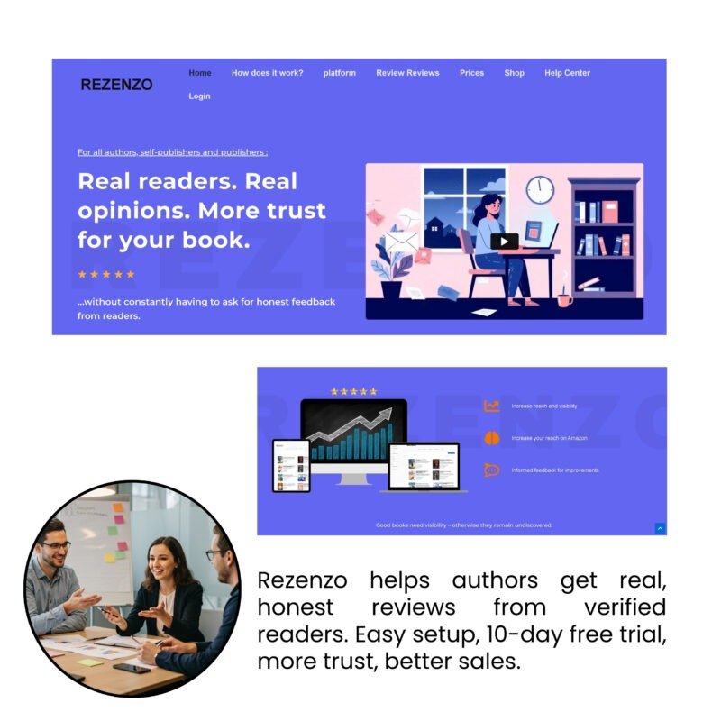 Author holding book and positive review stars
