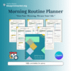 Morning routine planner printable template with gratitude tracker, mood tracker, daily priorities, hydration tracker, exercise log, and morning schedule layout.