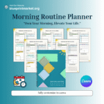 Morning routine planner printable template with gratitude tracker, mood tracker, daily priorities, hydration tracker, exercise log, and morning schedule layout.