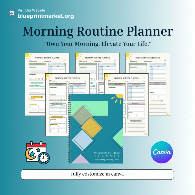 Morning routine planner printable template with gratitude tracker, mood tracker, daily priorities, hydration tracker, exercise log, and morning schedule layout.