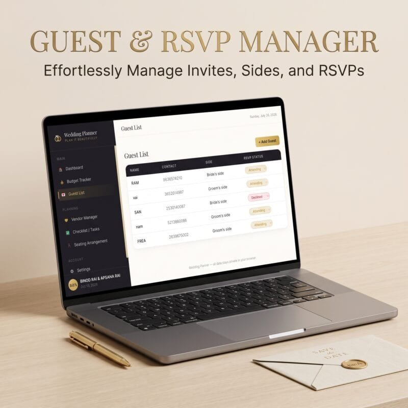 Wedding budget tracker tool in Wedding Planner and Organizer web app.