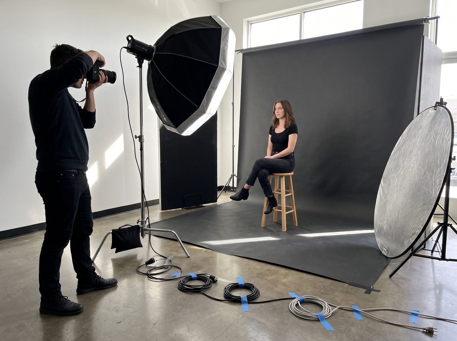 Behind the scenes studio setup for portraits and photography featuring a softbox and reflector.