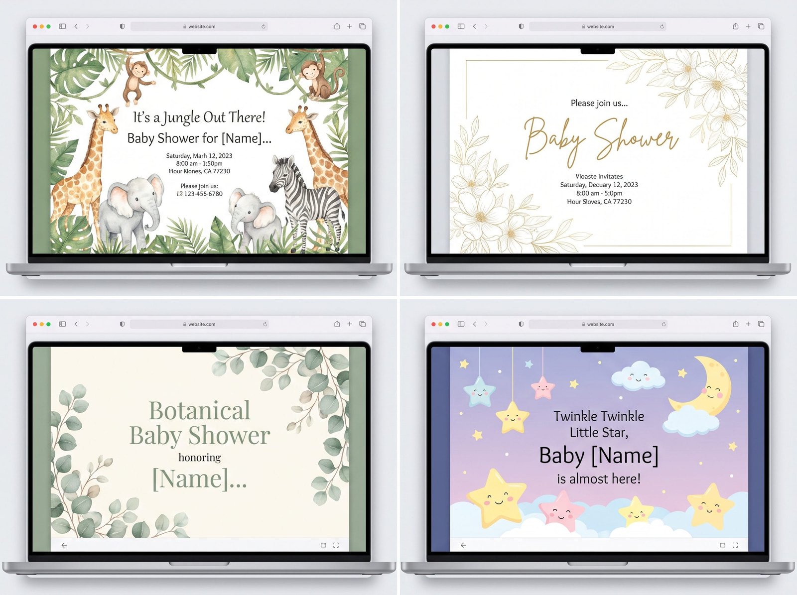 Gallery collage of different themed digital baby shower invitation designs.