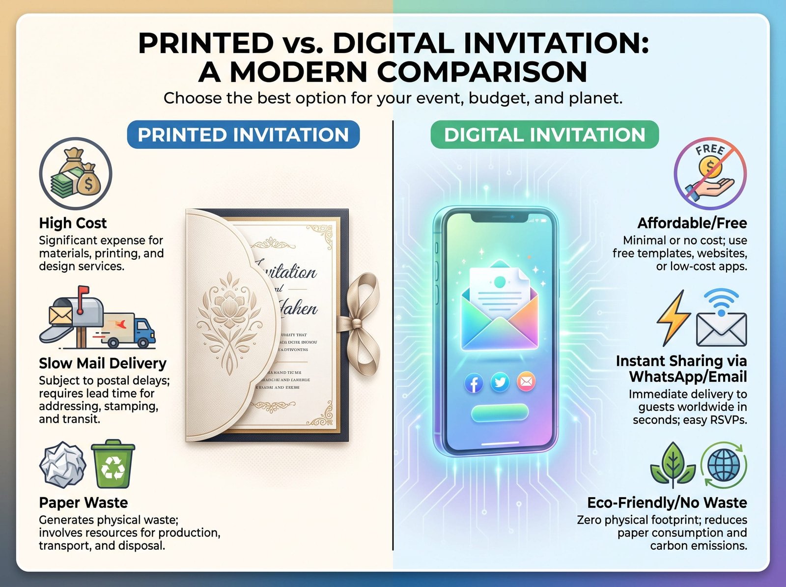 Infographic comparing printed vs digital baby shower invitation cost and delivery