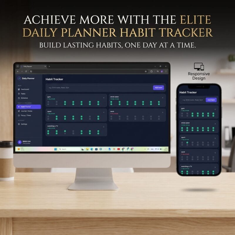 Visual 14-day habit tracker heatmap and streak counter inside Daily Planner Web App