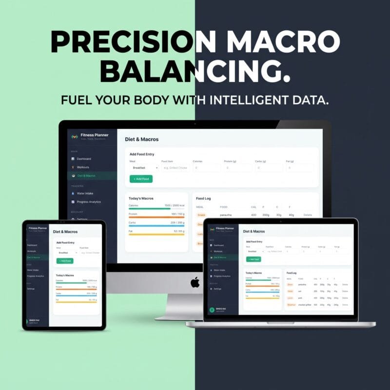 Diet and macronutrient calorie tracker dashboard in Fitness Planner Mini Web App