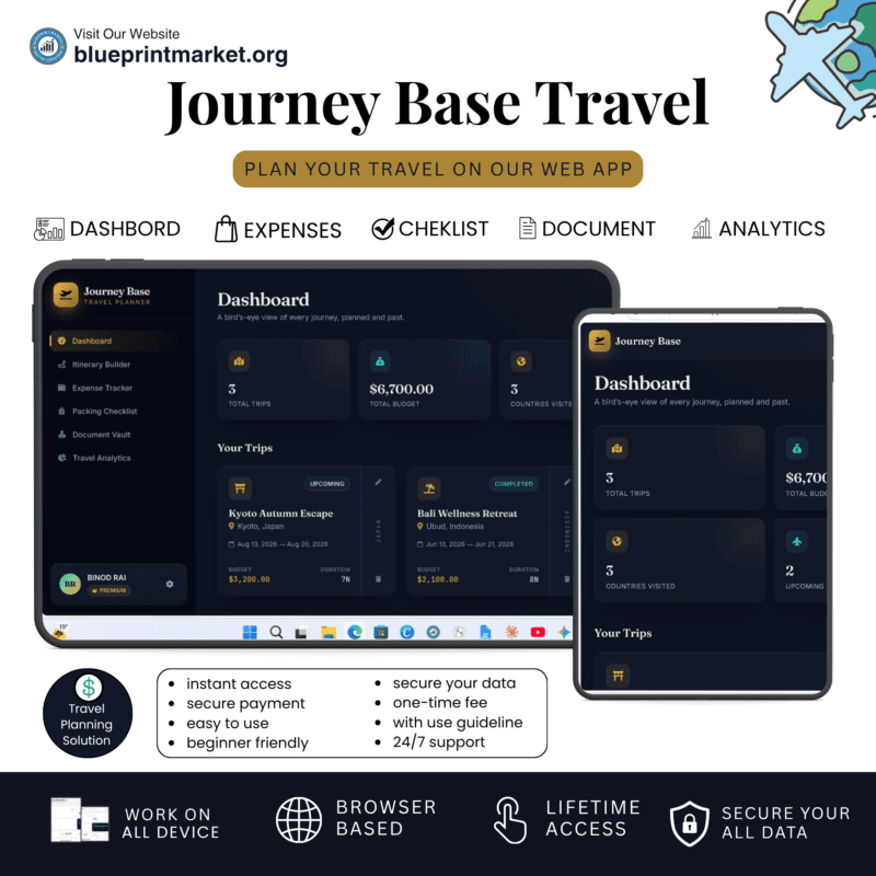 Journey Base single page travel planner mini web app dashboard on laptop screen