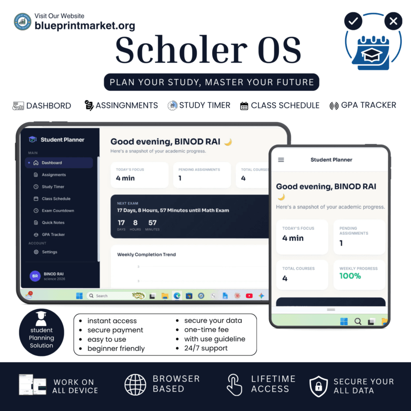Student Planner Web App Dashboard displaying Pomodoro Timer, Assignment Tracker, and GPA Calculator