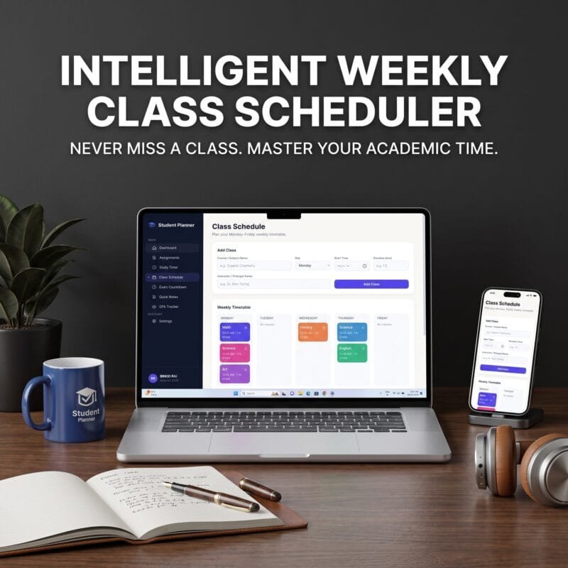 Weekly Class Schedule planner showing Monday to Friday timetable with color-coded subjects