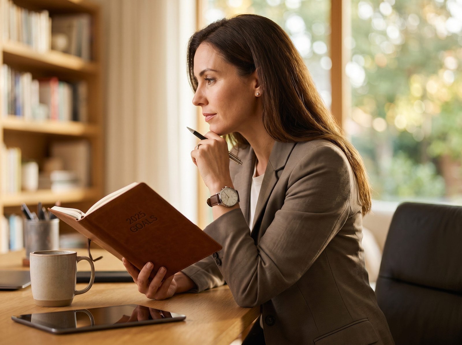 Professional entrepreneur writing down daily time management tasks in a productivity planner.