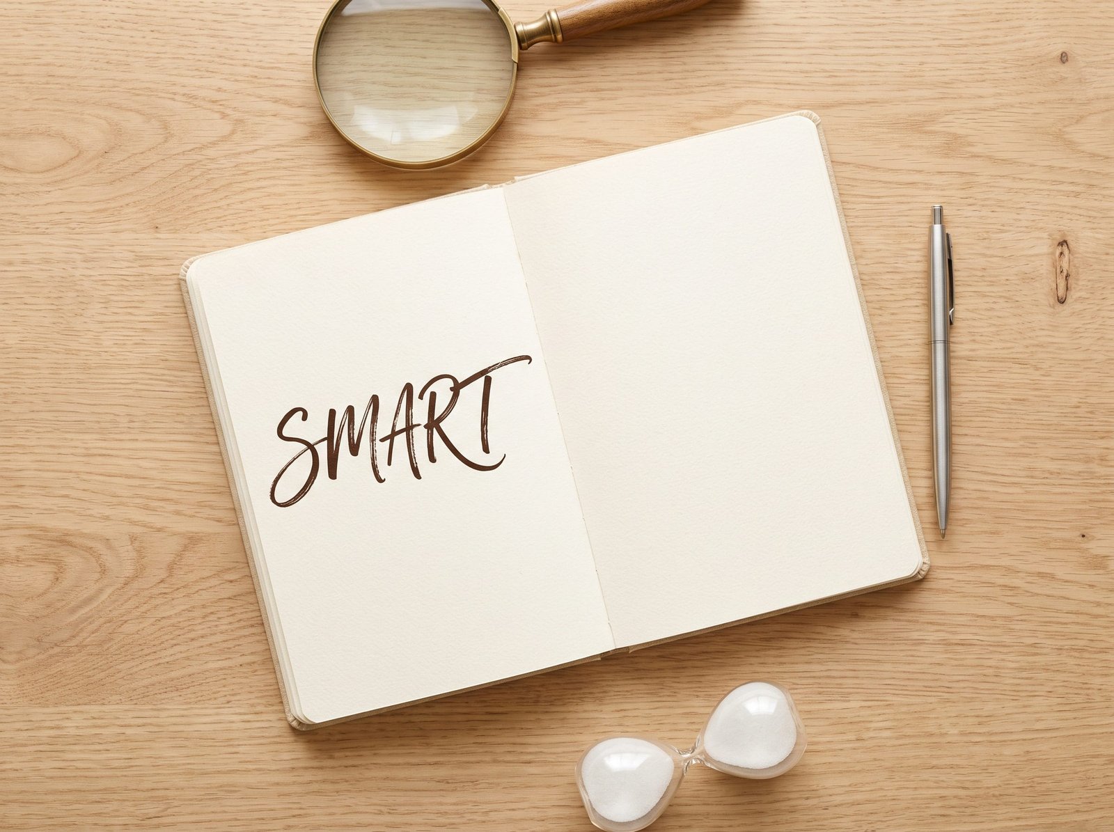 A handwritten SMART goals concept in a notebook on a wooden table with an hourglass.