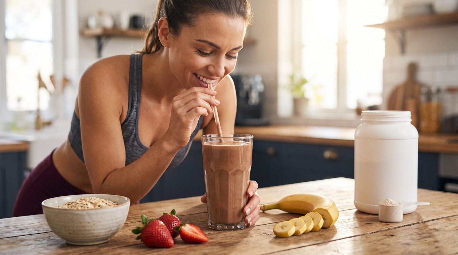 A fresh chocolate peanut butter protein shake for weight loss with strawberries and bananas on a wooden table