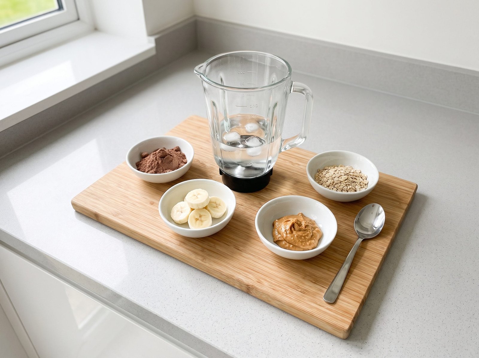 Ingredients for weight loss protein shake including oats, banana, peanut butter, and protein powder next to a blender