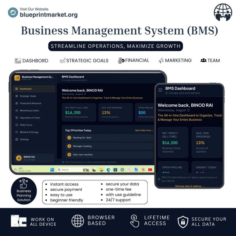Business Management System BMS digital dashboard dark mode executive planner