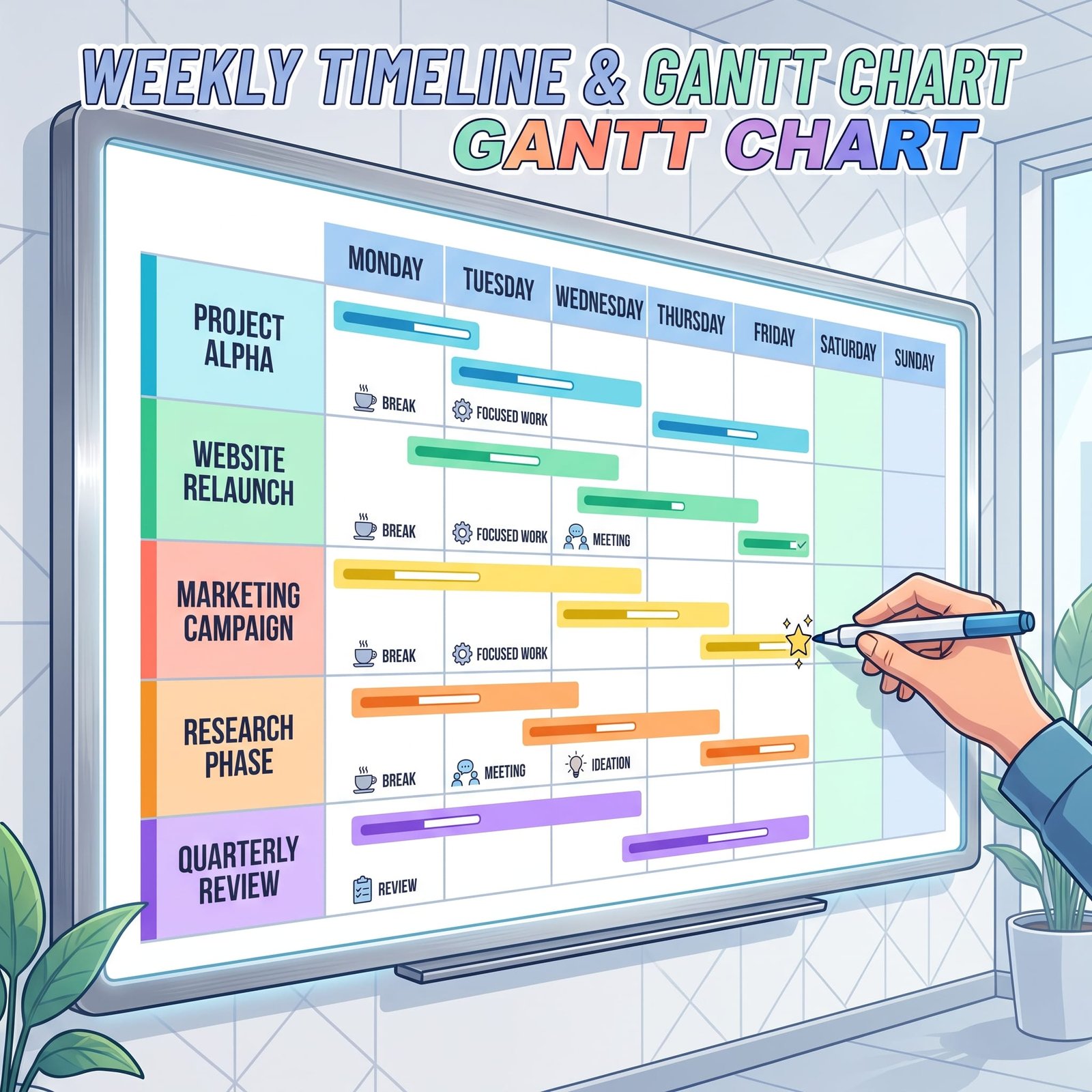 Colorful weekly Gantt chart timeline illustration on a whiteboard showing project management phases with a hand writing on it.