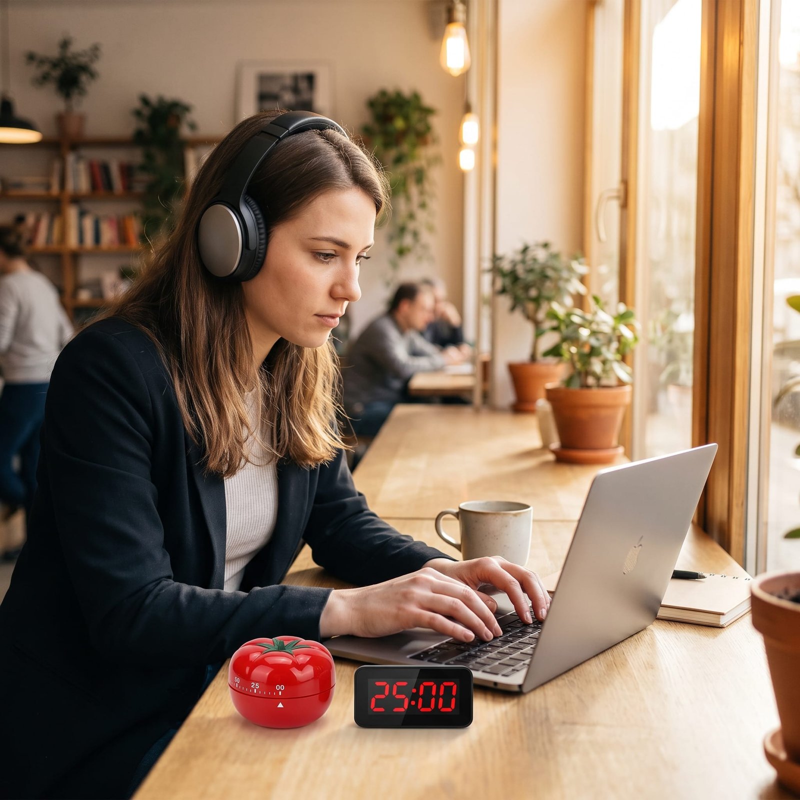 A focused woman wearing headphones working on a laptop with a red tomato timer and digital 25:00 timer on the desk.