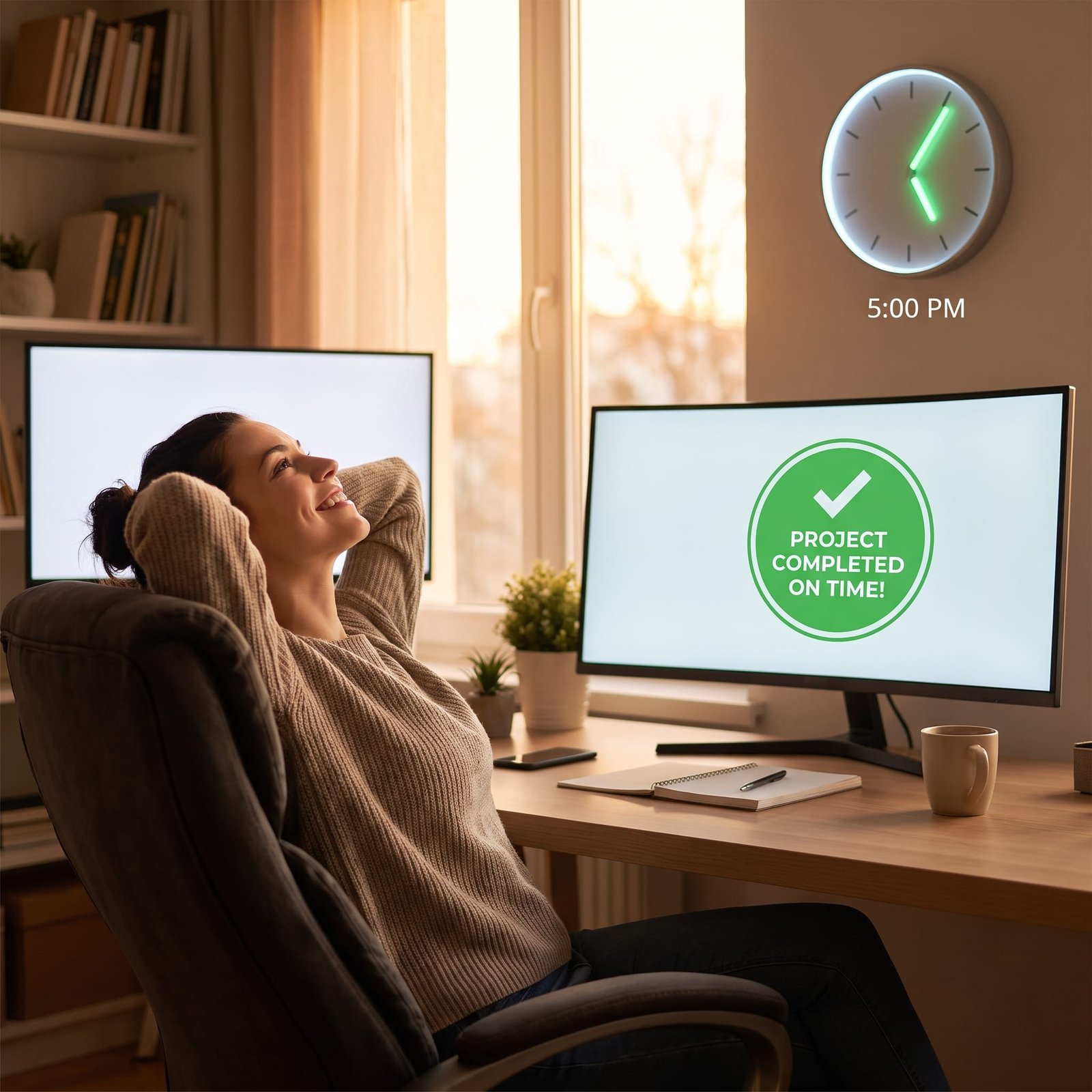 A happy woman relaxing in an office chair looking at a computer screen displaying Project Completed On Time badge at 5 PM.