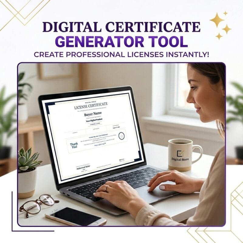 Creator working on a laptop displaying a digital license certificate with a coffee mug and workspace accessories.