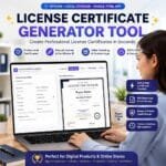 A woman using a laptop displaying the License Certificate Generator Tool dashboard with a live certificate preview.