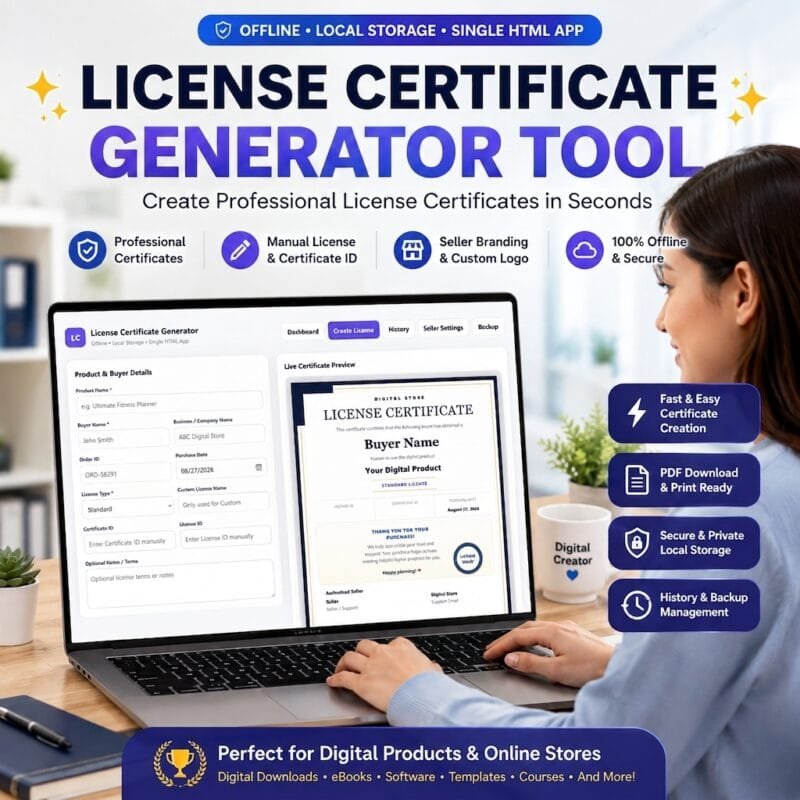 A woman using a laptop displaying the License Certificate Generator Tool dashboard with a live certificate preview.