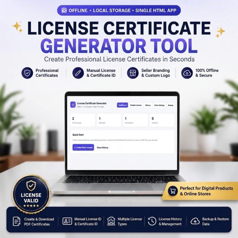 Laptop screen displaying the clean dashboard of License Certificate Generator Tool on a workspace desk.