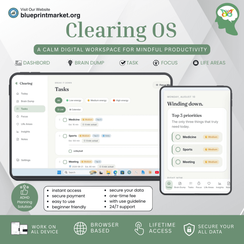 Clearing OS ADHD digital planner main dashboard with pastel low arousal design and Top 3 daily priorities.