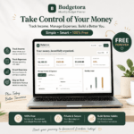 Budgetora Free Monthly Budget Planner dashboard displayed on a laptop screen showing income tracking, expense management, and monthly financial savings trend.