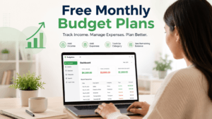 Free monthly budget planner software banner showing income tracking, expense management, and financial balance features.