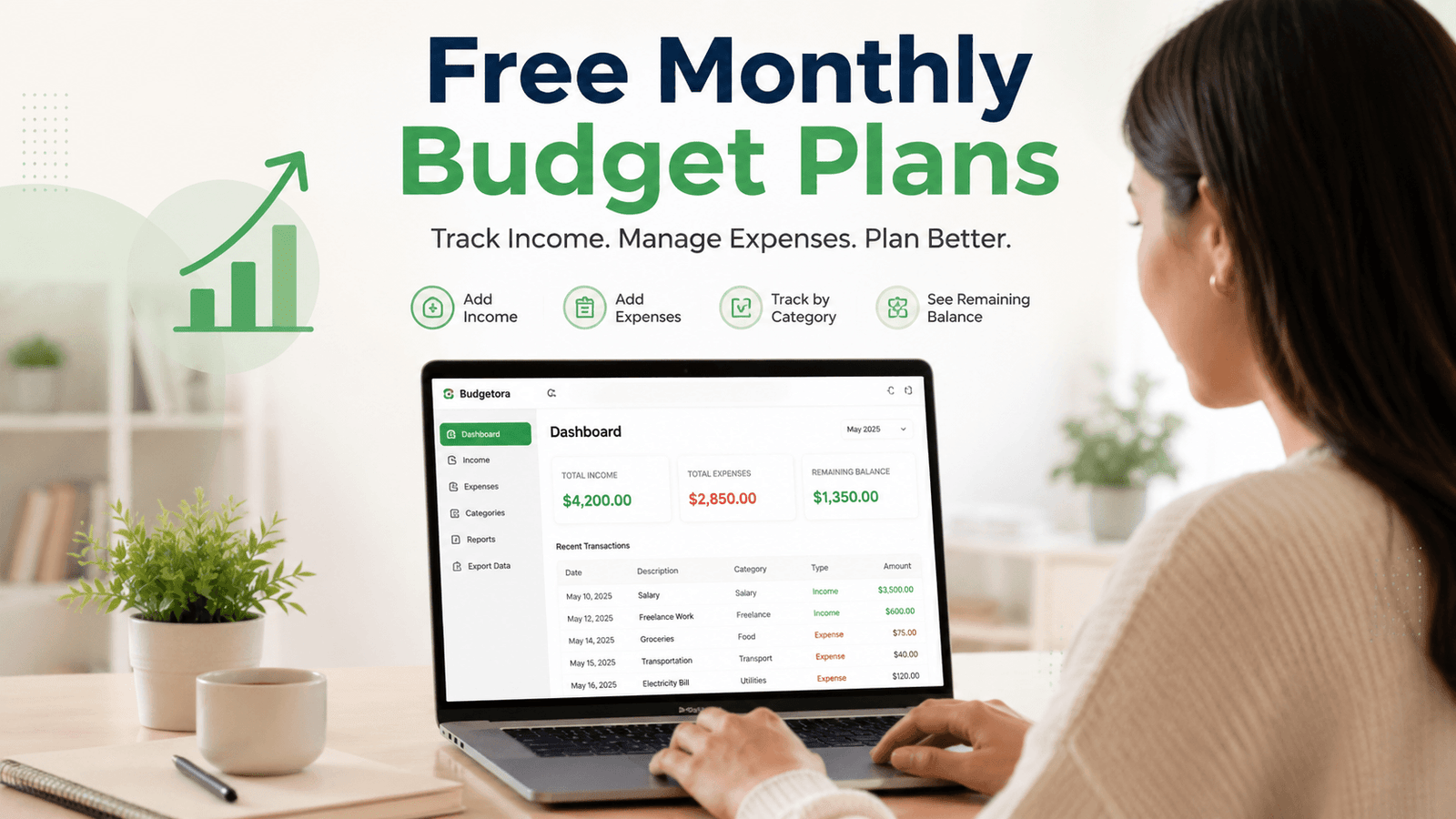 Free monthly budget planner software banner showing income tracking, expense management, and financial balance features.