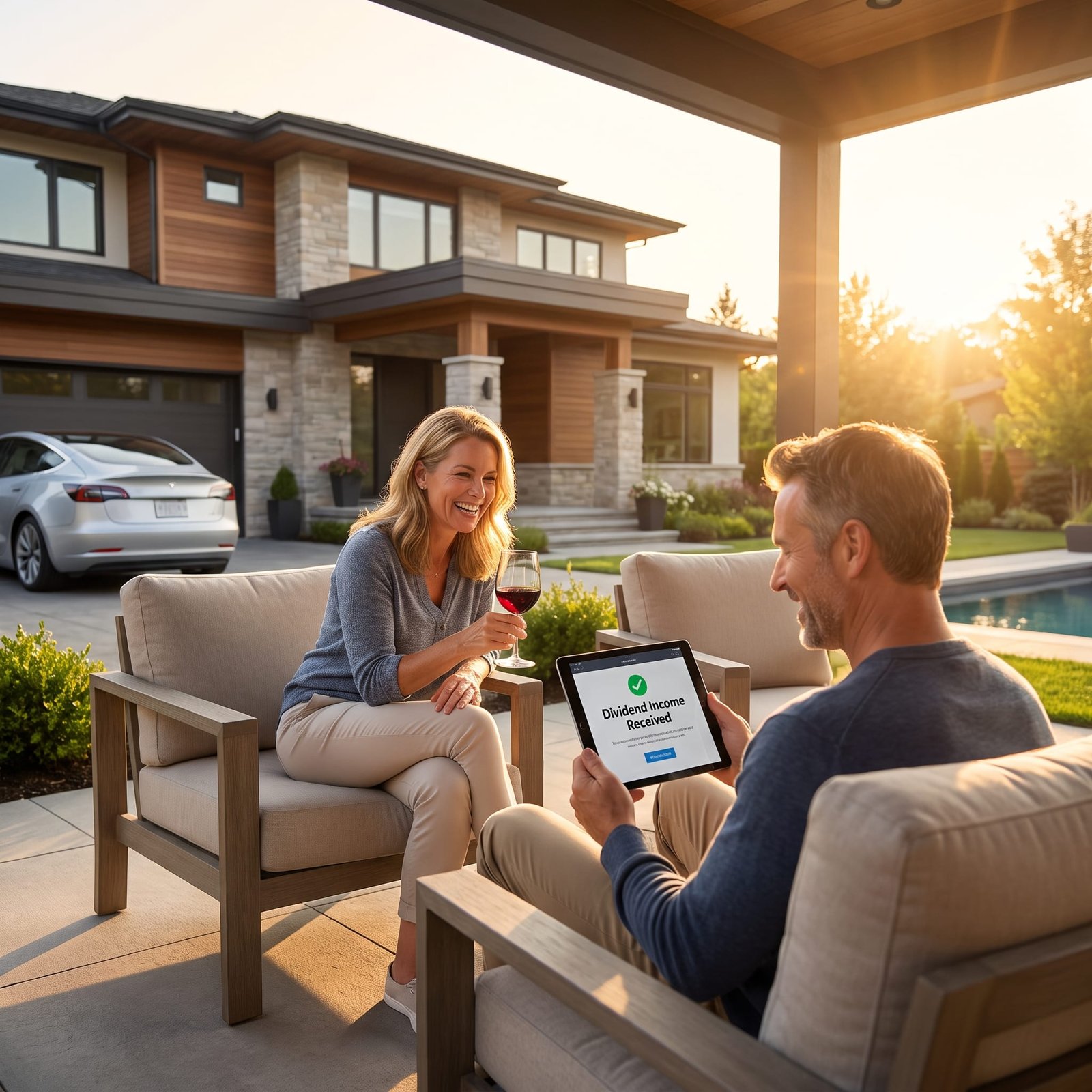 A happy couple sitting outdoors holding a tablet screen showing Dividend Income Received with a luxurious modern house and car in the background.