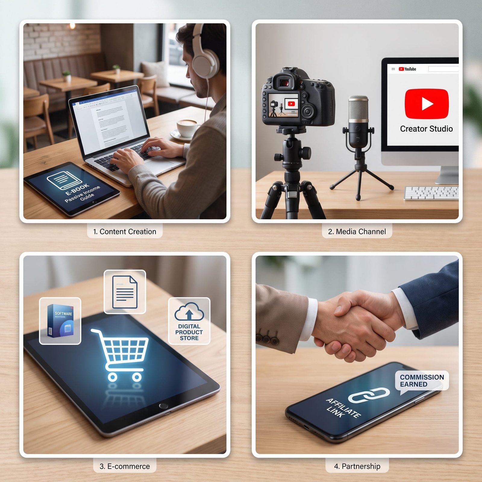 A four-panel grid illustrating passive income methods including Content Creation with e-books, YouTube Media Channel setup, E-commerce digital products, and Affiliate Partnership handshakes.
