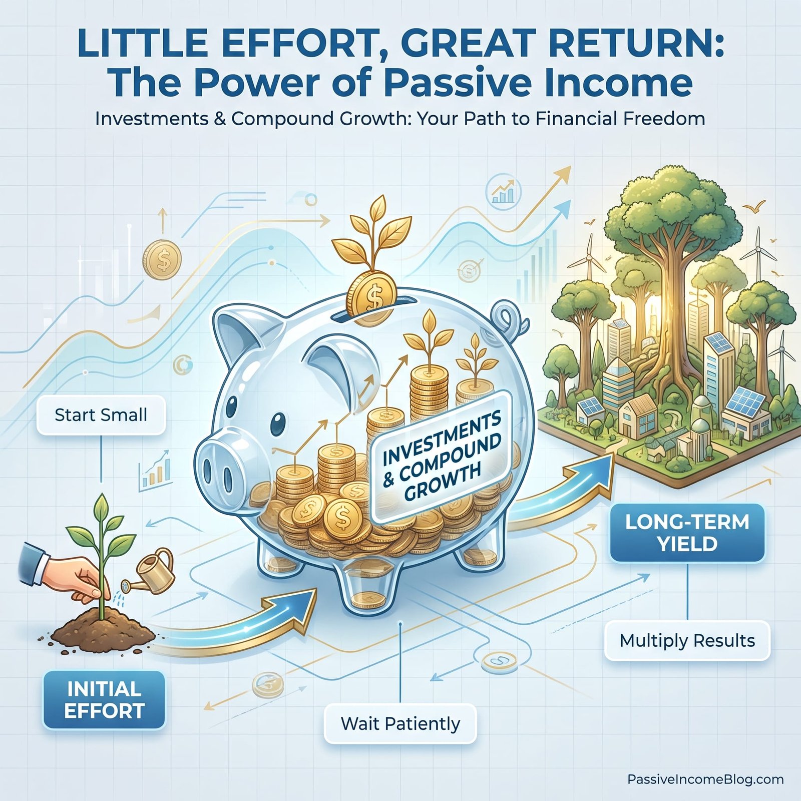 An infographic titled Little Effort, Great Return explaining compound growth from initial plant watering to a piggy bank of coins and a flourishing long-term yield tree.