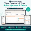 Smart Outflow Manager dashboard mockups displayed on laptop, tablet, and smartphone screens showing total monthly outflows, subscriptions, and debt tracking tools.