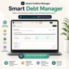Smart Debt Manager dashboard interface on a laptop showcasing debt payoff strategies, snowball vs avalanche methods, and debt-free timeline calculations.