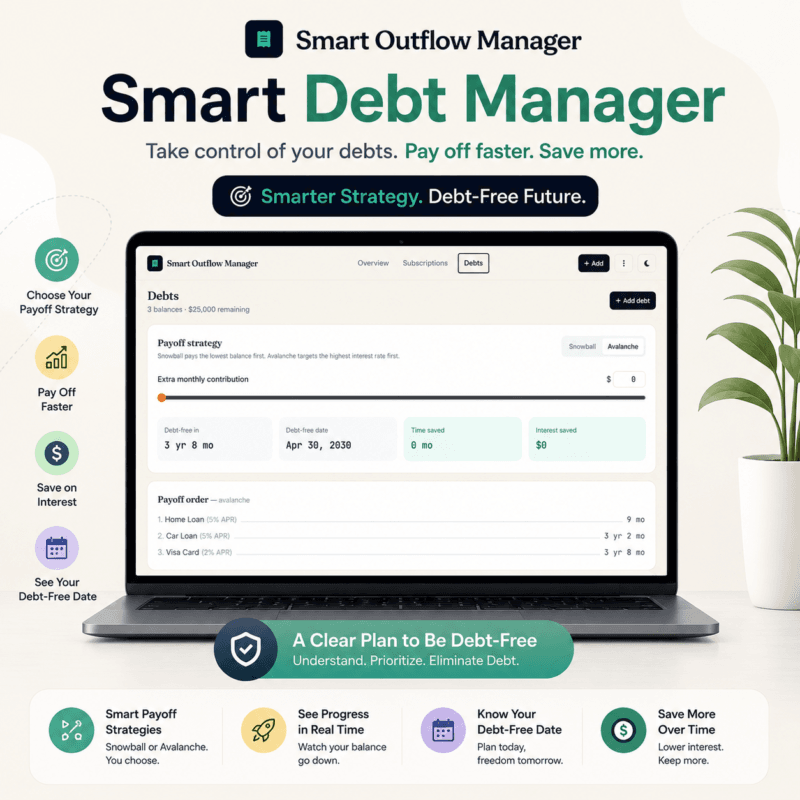 Smart Debt Manager dashboard interface on a laptop showcasing debt payoff strategies, snowball vs avalanche methods, and debt-free timeline calculations.