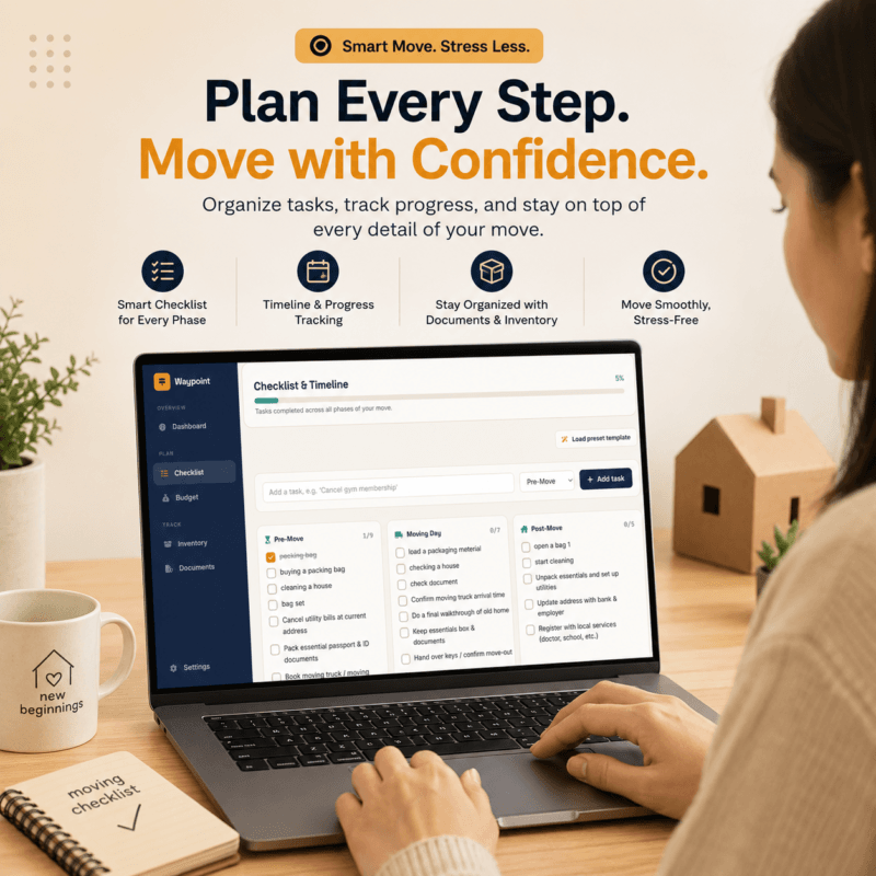 User planning relocation tasks using Waypoint interactive checklist split into Pre-Move Moving Day and Post-Move phases