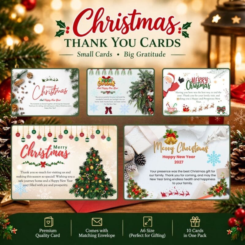 Printable Christmas thank you cards pack with festive holiday designs, Merry Christmas & Happy New Year 2027 messages, Christmas trees, ornaments, A6 size card, and matching envelopes.